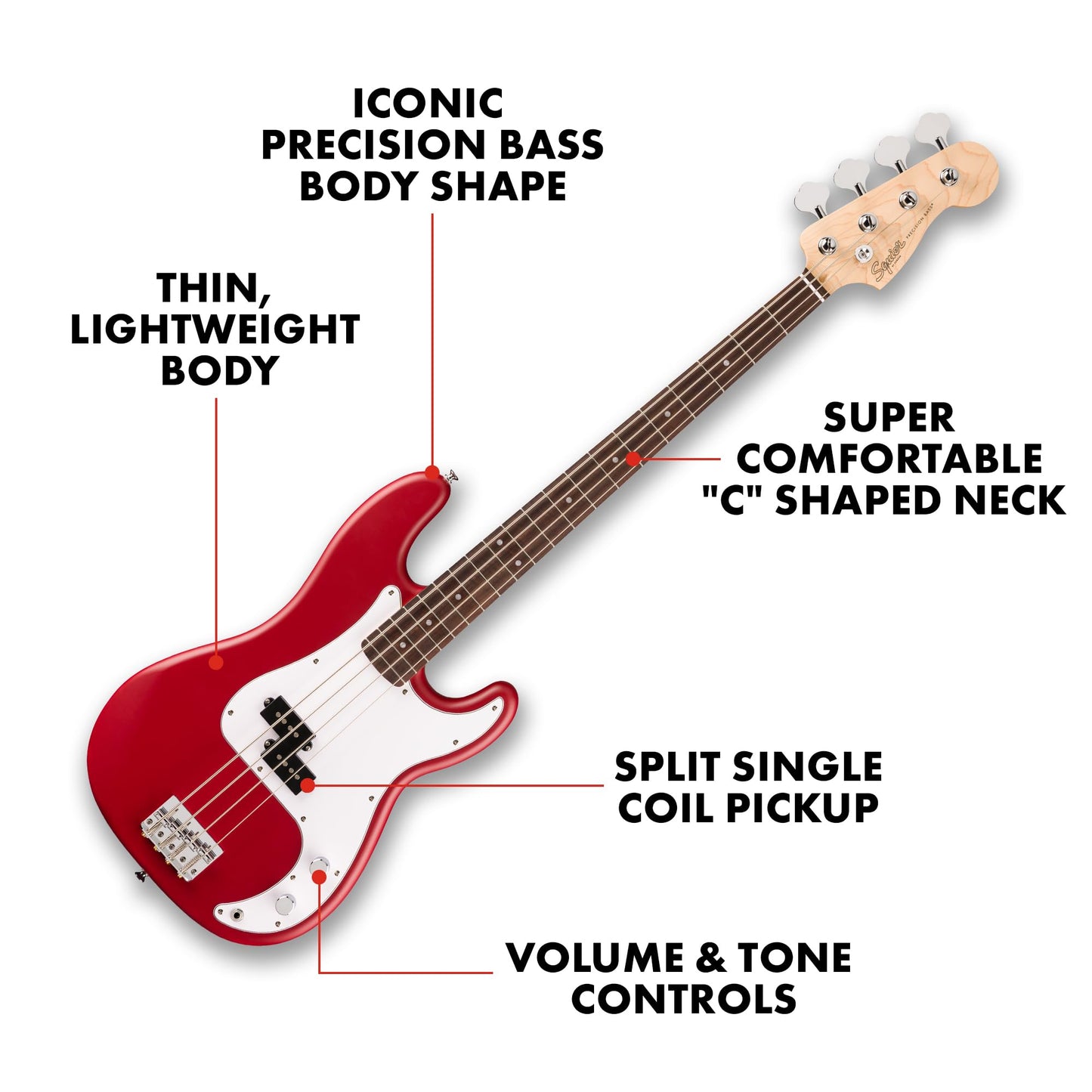 Squier by Fender Debut Collection Precision Bass Guitar, Laurel Fingerboard, White Pickguard, Dakota Red