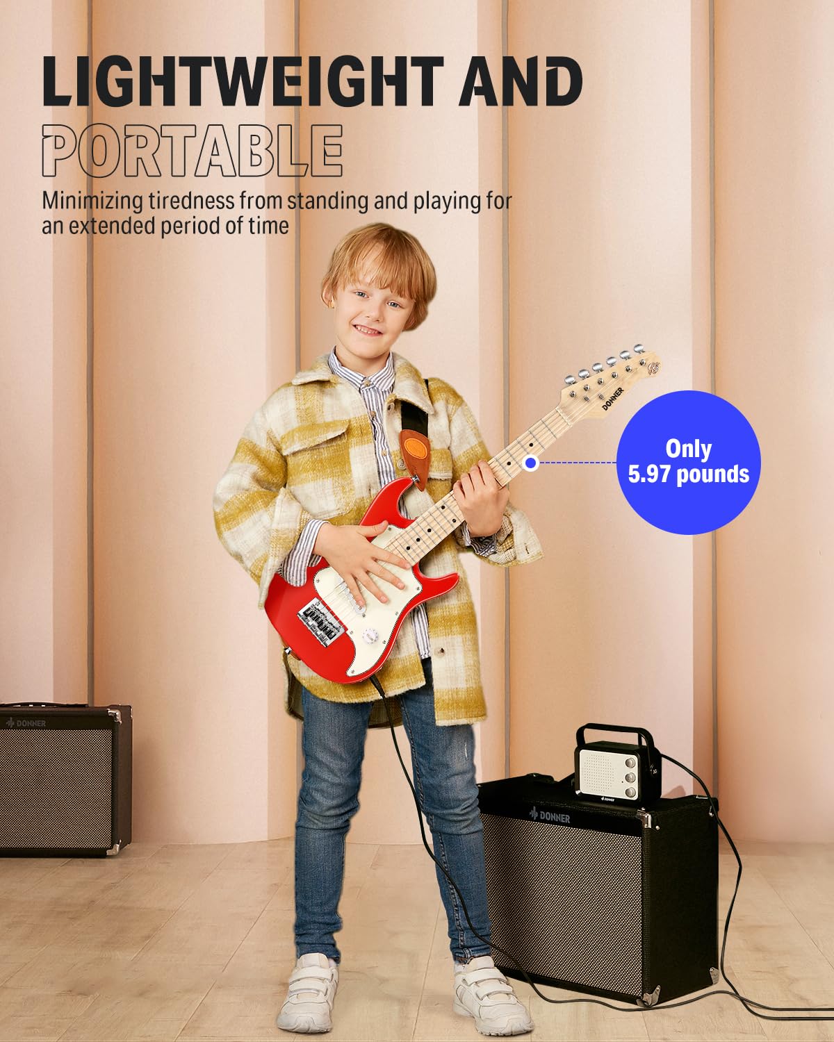 Donner 30 Inch Kids Junior Electric Guitar Beginner Kit ST Style Mini Guitar Premium Bundle with Amp, Tuner, Capo, Bag, Strap, String, Cable (DSJ-100, Red)