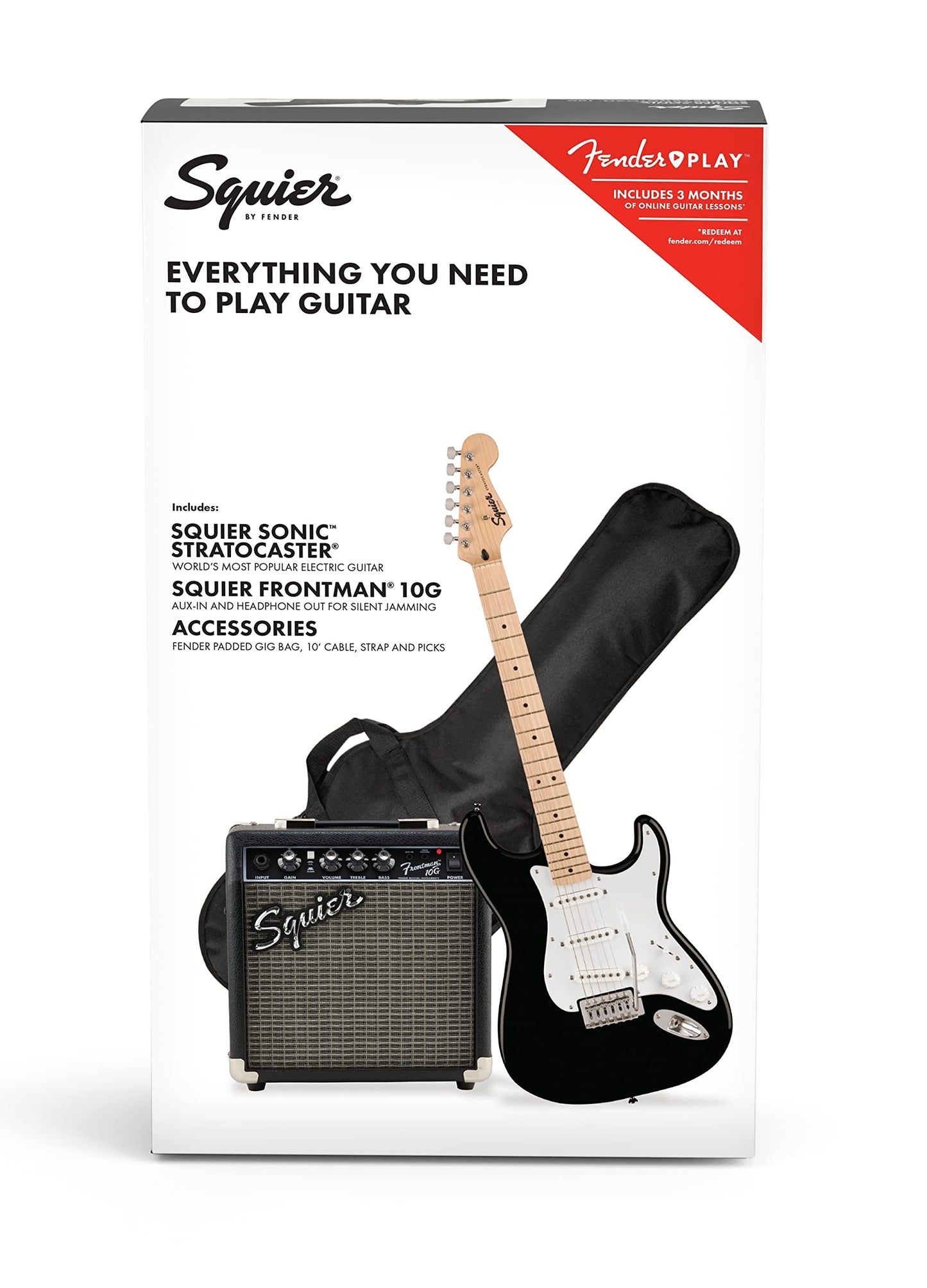 Squier by Fender Sonic Stratocaster Electric Guitar Pack, Maple Fingerboard in Black, Gig Bag, Squier Frontman 10W Amp, Picks, Strap, Cable, Comes with Free Virtual Lessons