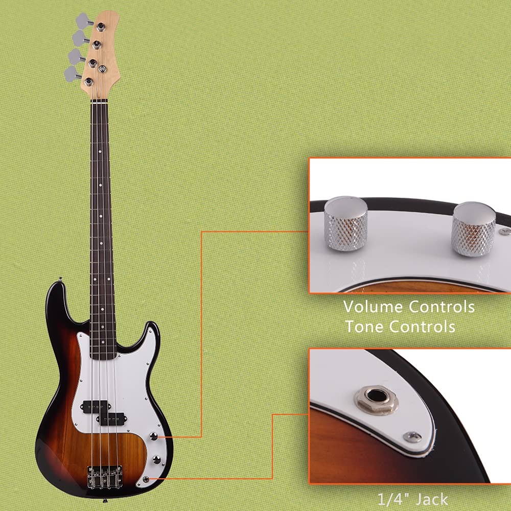 Bonnlo Electric Bass Guitar 4 Strings Full Size for Beginner Exquisite Basswood Burning Bass with Bag, Strap and Accessories (Sunset)