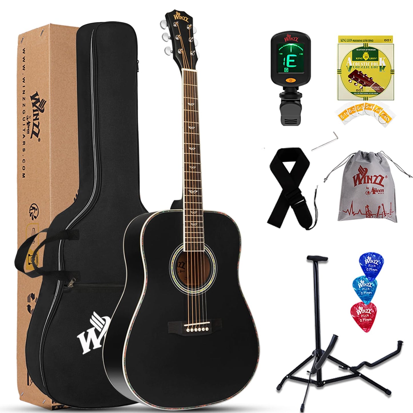 Winzz Acoustic Guitars Full Size, 4/4 Folk Guitar for Beginners Adults, Acoustic Steel-string Guitar Black (41 Inches)