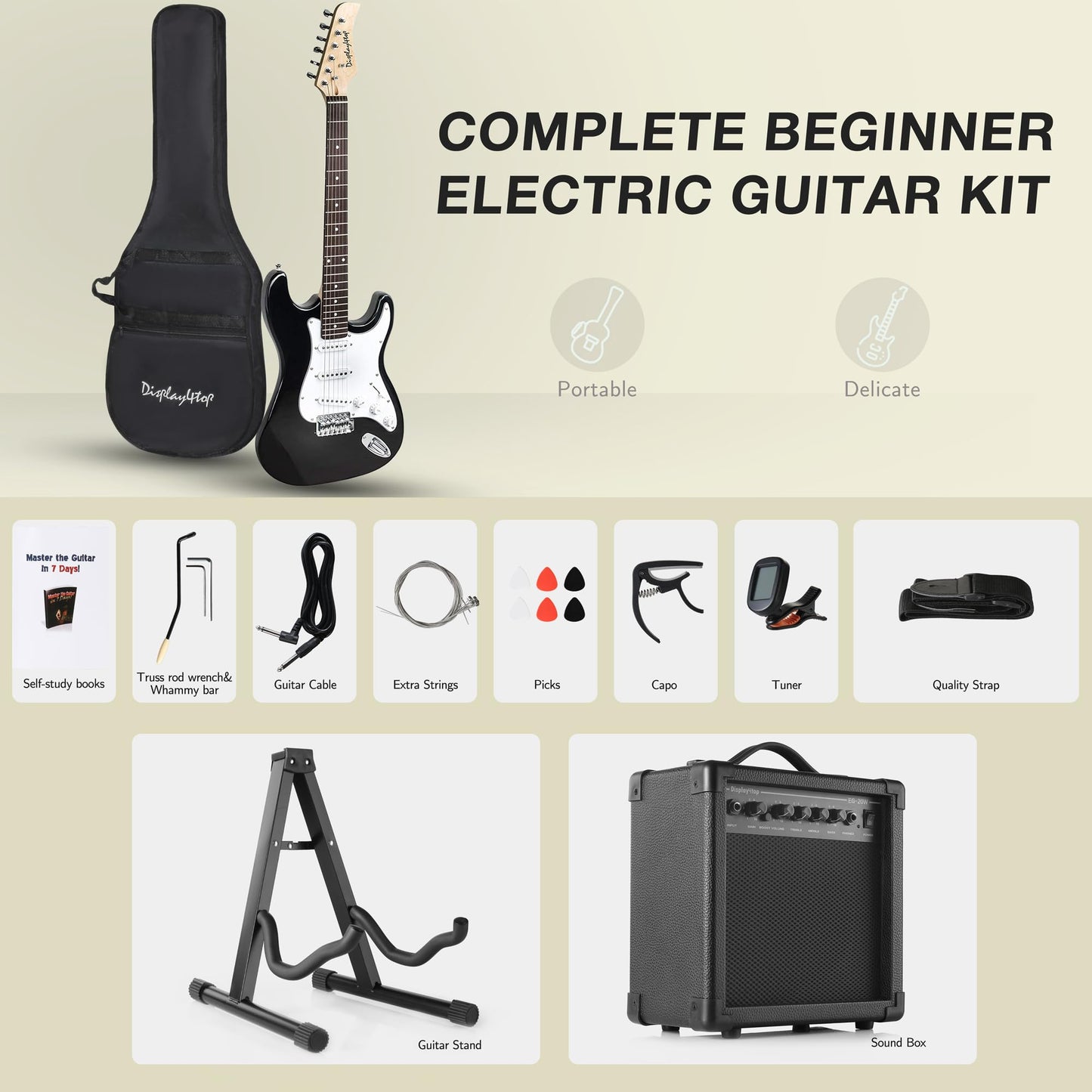 Display4top Full-Size Electric Guitar Most complete Beginner Super Kit Package with 20 Watt Amplifier, Guitar Stand, Bag, Guitar Pick, Strap,spare Strings, Tuner, Case and Cable (BlackWhite)