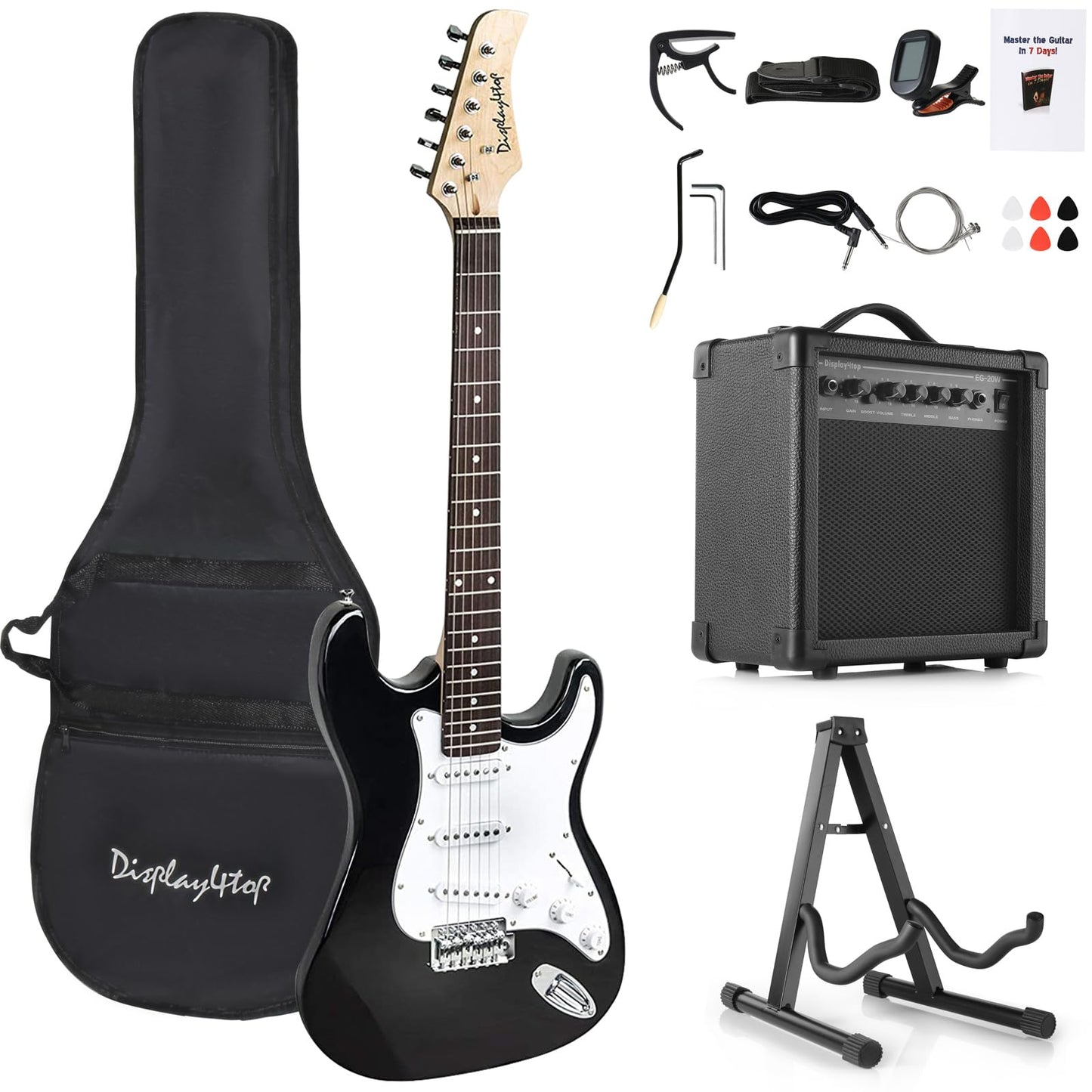 Display4top Full-Size Electric Guitar Most complete Beginner Super Kit Package with 20 Watt Amplifier, Guitar Stand, Bag, Guitar Pick, Strap,spare Strings, Tuner, Case and Cable (BlackWhite)
