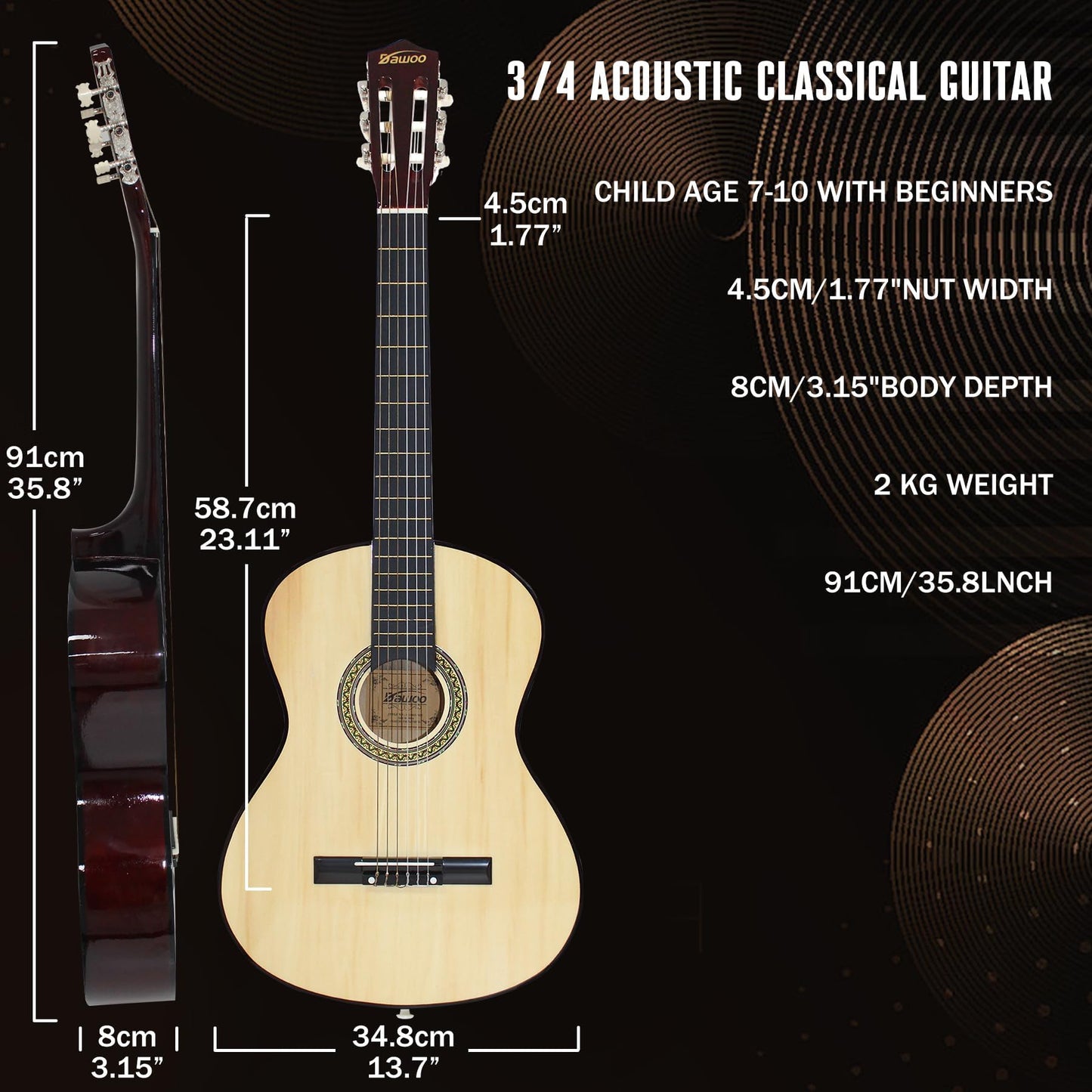 DAWOO 3/4 Size Acoustic Guitar,36 inch Classic Guitar,A Quality Choice for Beginners and Music Lovers.(36 inch)