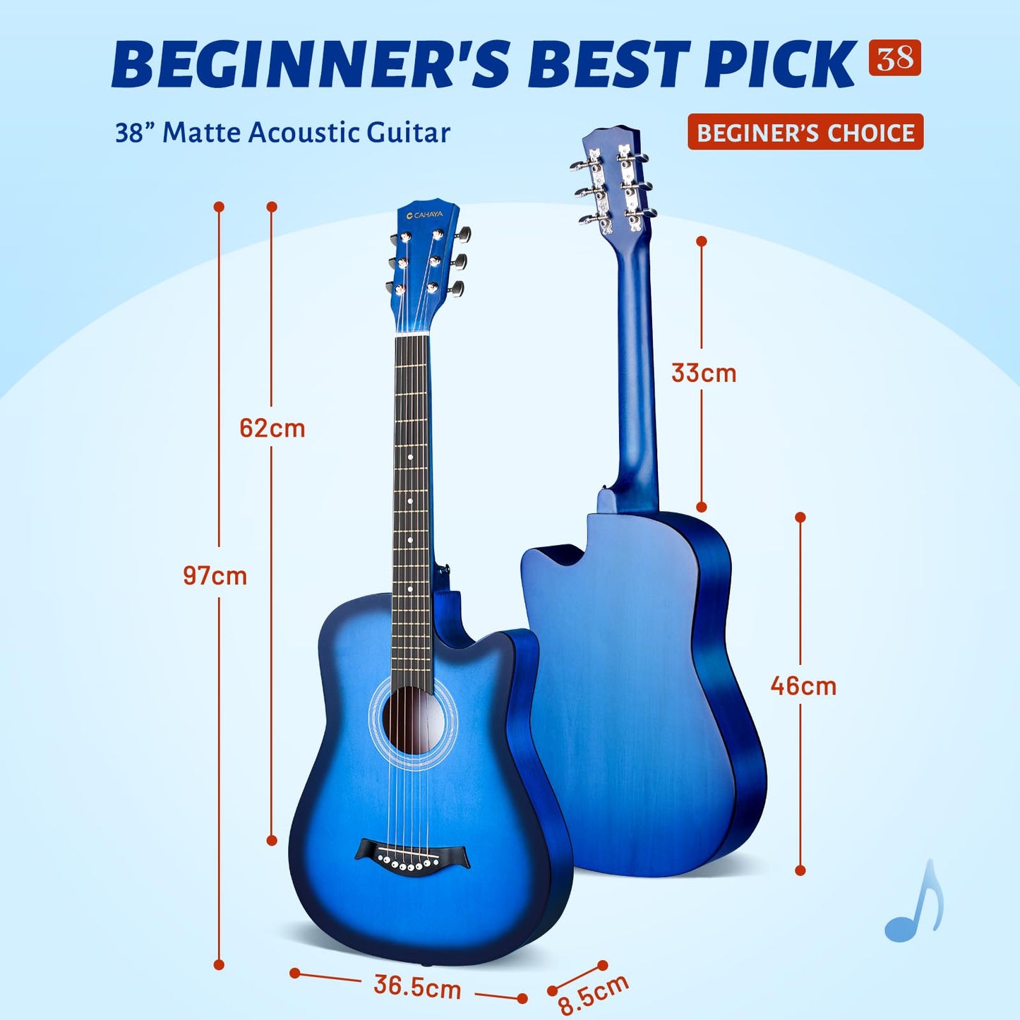 CAHAYA Full Size Acoustic Guitar 38 Inch Kit with Spare Strings, Bag, Strap, Picks, Capo, Stickers Blue, Model CY0354