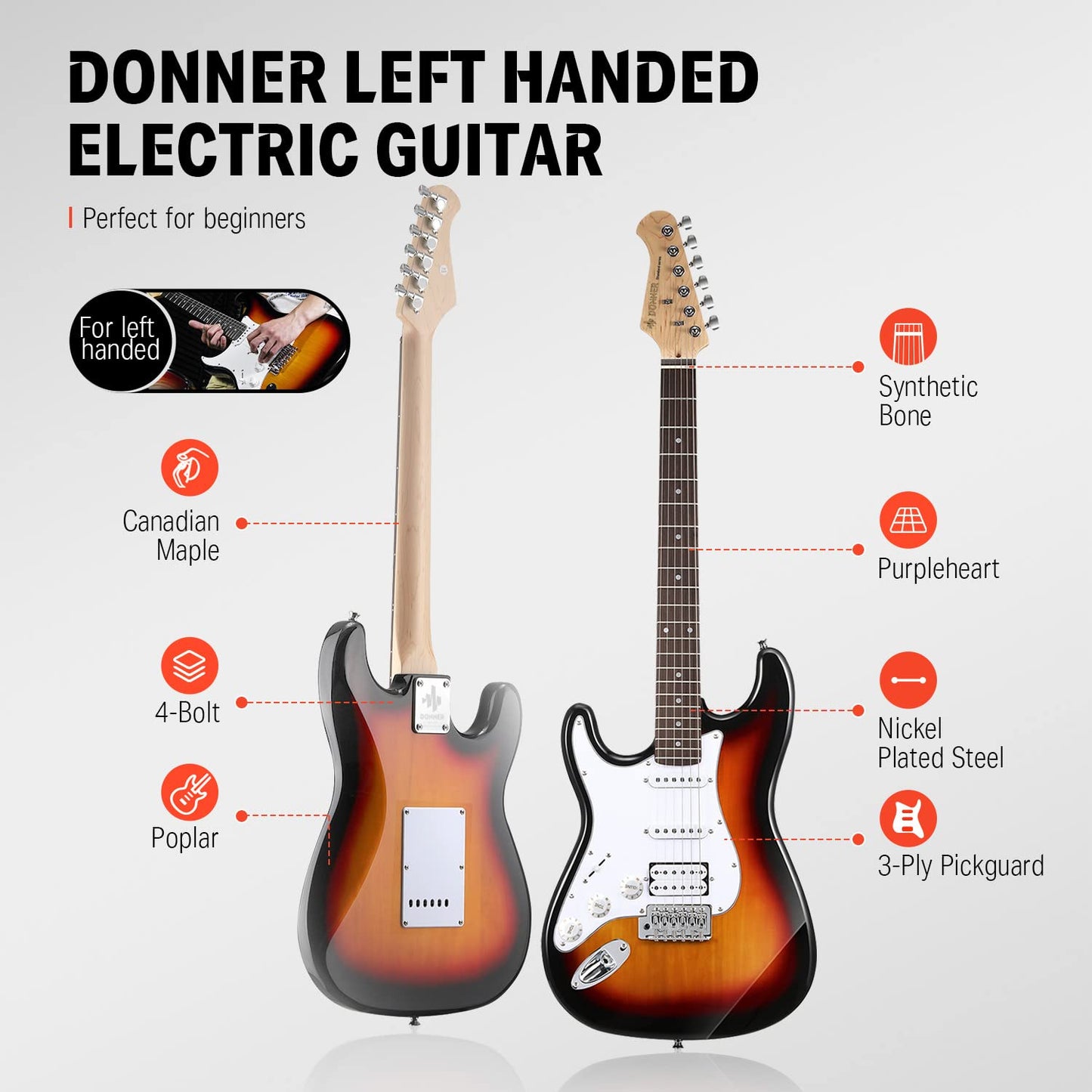 Donner 39 Inch Left-Handed Electric Guitar Kit Solid Body Sunburst Lefty Beginner Set Full-Size with Amplifier Bag Capo Strap String Tuner Cable Picks DST-100SL