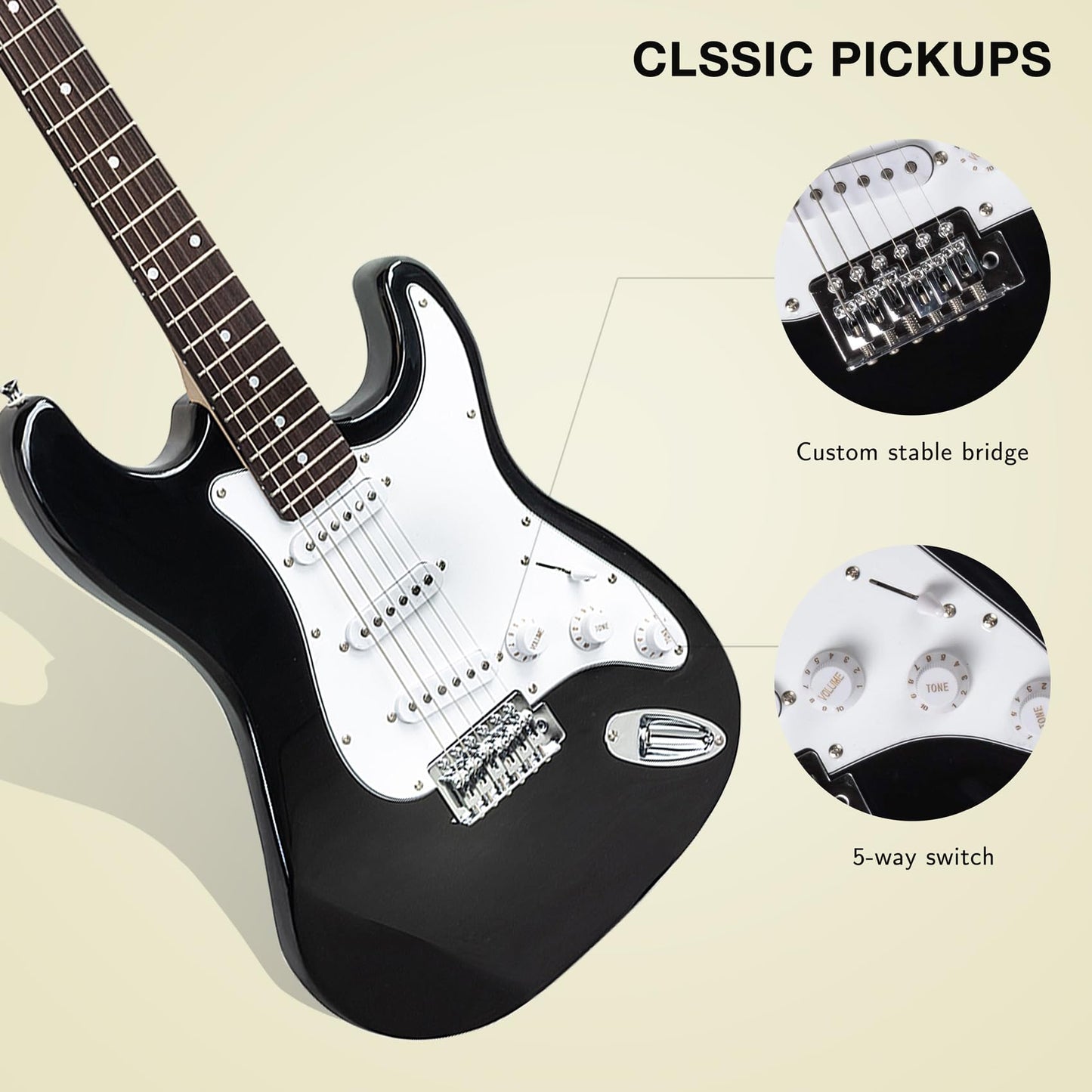 Display4top Full-Size Electric Guitar Most complete Beginner Super Kit Package with 20 Watt Amplifier, Guitar Stand, Bag, Guitar Pick, Strap,spare Strings, Tuner, Case and Cable (BlackWhite)