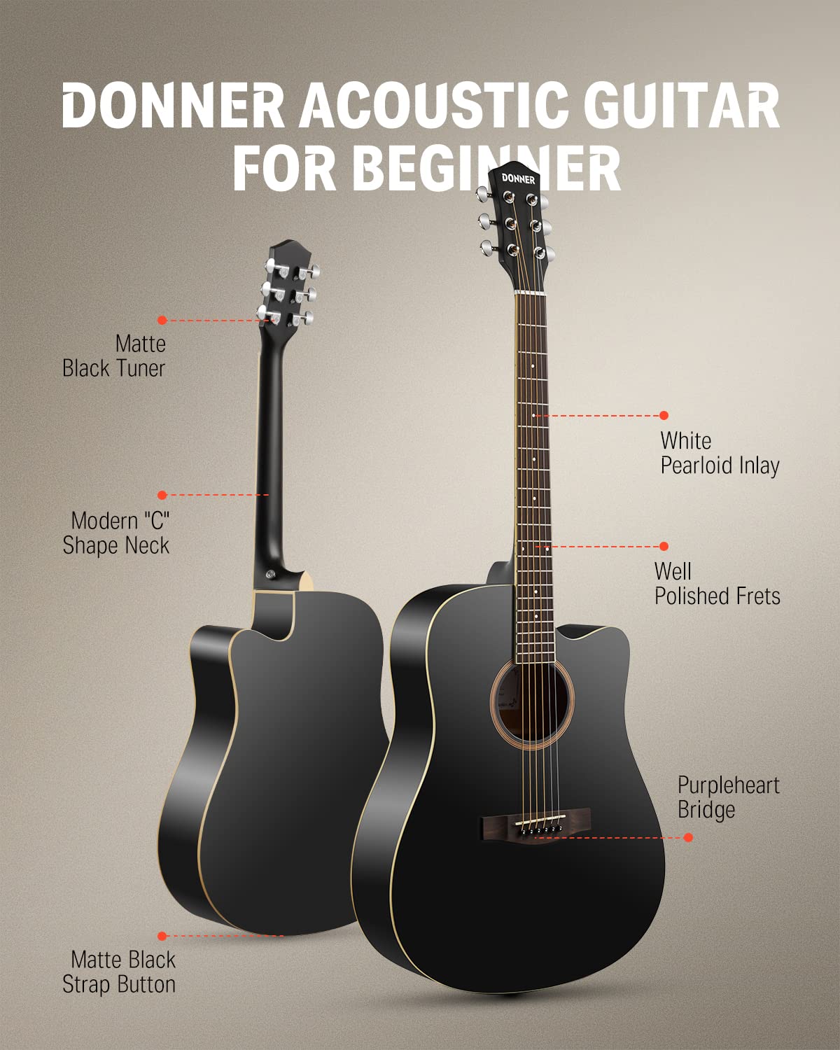 Donner Guitar Acoustic Full Size 4/4 Guitar Cutaway Beginner Adult Guitar 41 inch Kit with Gig Bag Tuner Strap Strings Capo Picks(Black)