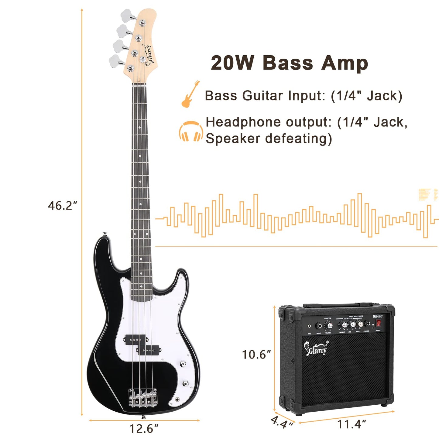 Bonnlo Electric Bass Guitar Kit for Beginners, Full Size 4/4 Bass with 20W amplifier and Bag, Cable, Strap, Stand,Strings, Maple Body, Ideal Starter Set for New Musicians Learner, Black