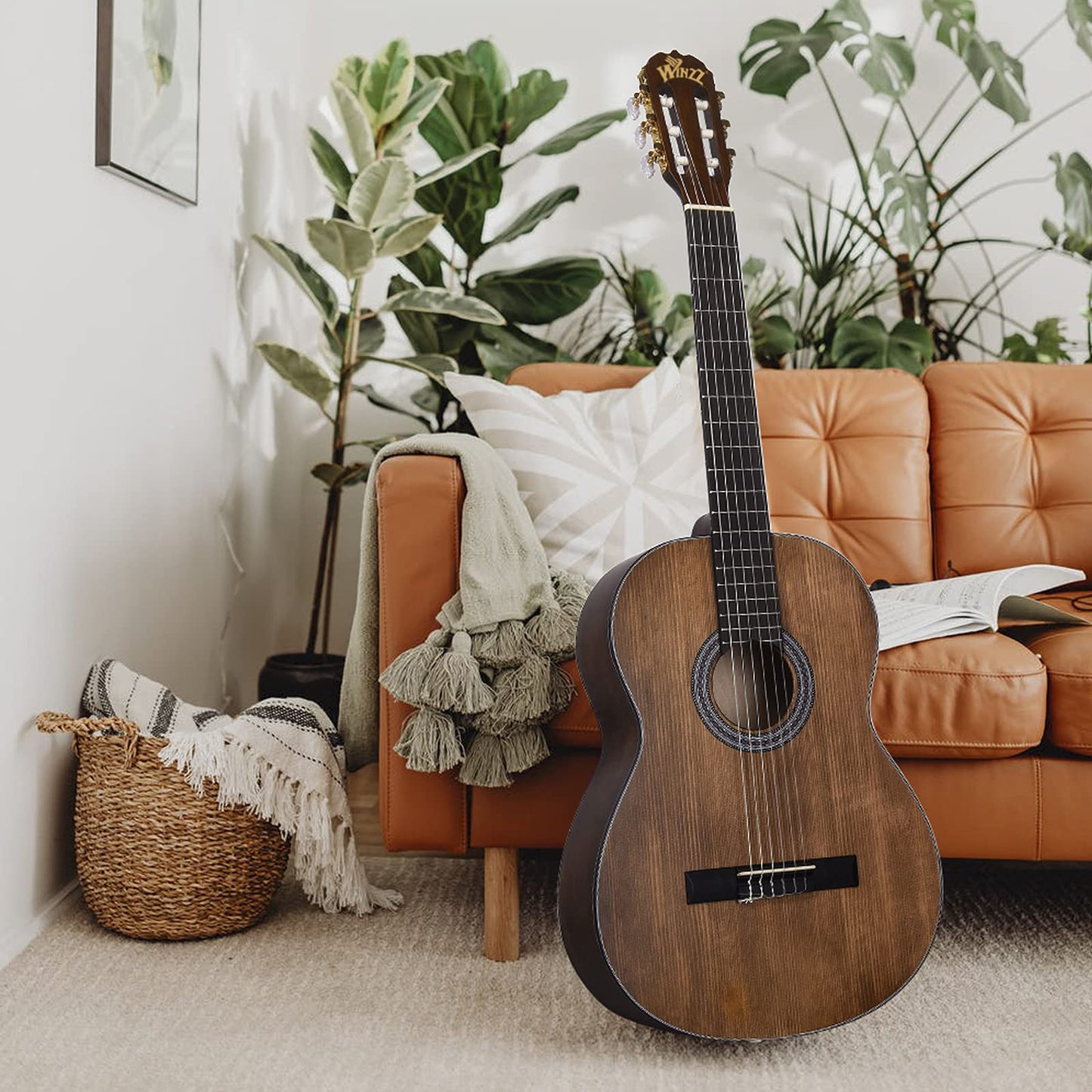 Winzz 4/4 Full Size Classical Spanish Guitar for Adults Beginners with Complete Accessories (39 Inches, Matte Brown)