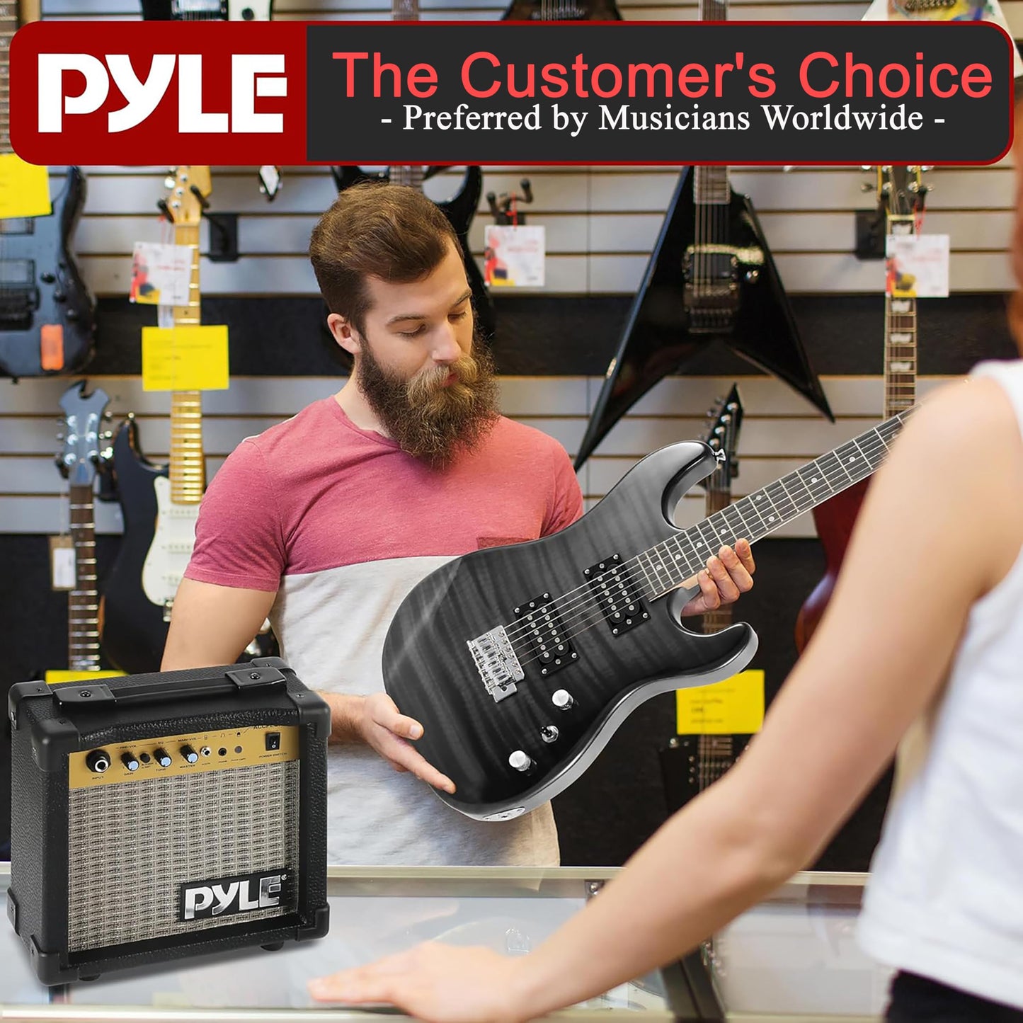 Pyle Electric Guitar, Complete- Electric Guitar Set, Full Size Guitar, 39"/99cm-Electric Guitar with Amp, Guitar Kit- for Beginners, w/Humbucker Picks, 10WAmplifier,Tuner,Strap,Extra Strings, Black