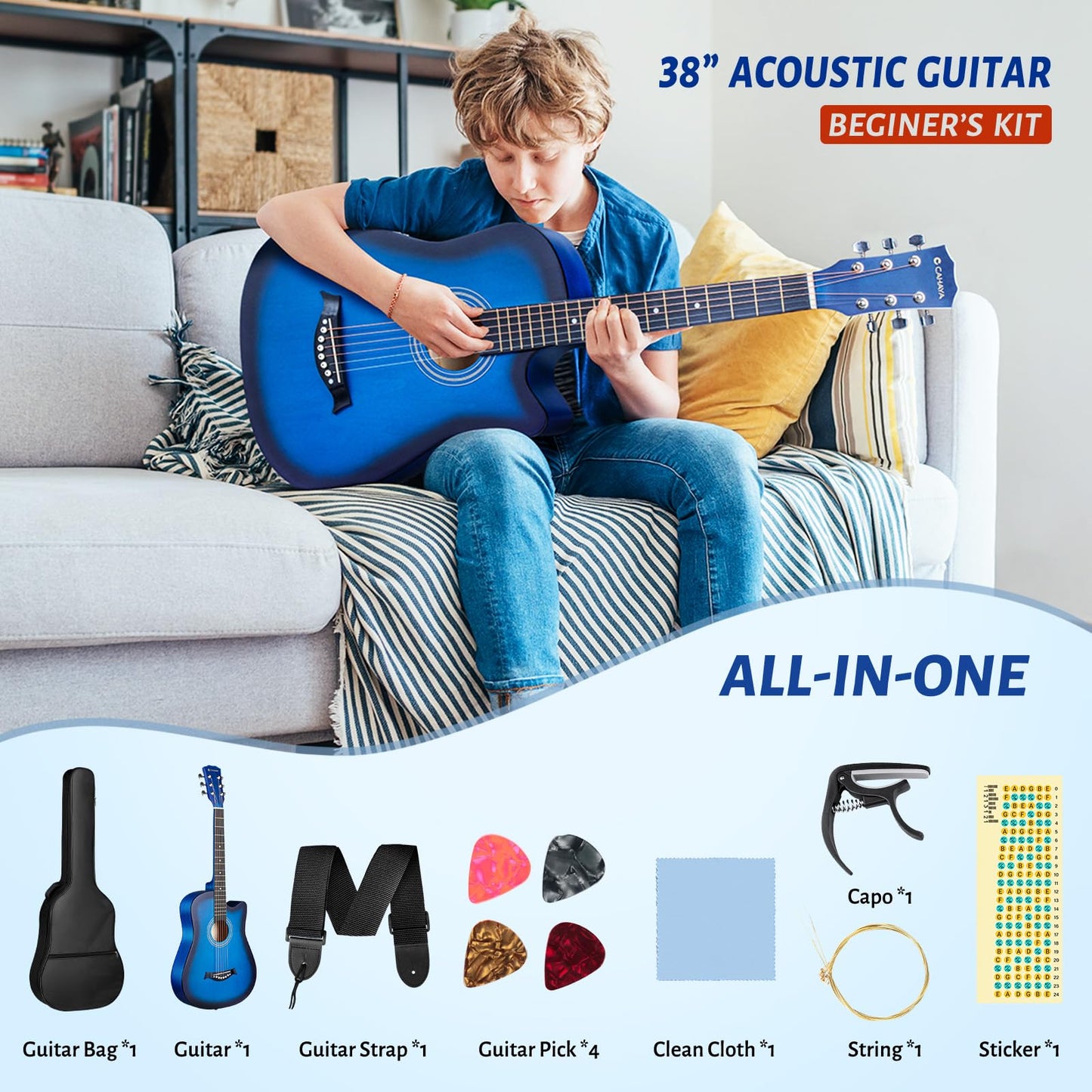 CAHAYA Full Size Acoustic Guitar 38 Inch Kit with Spare Strings, Bag, Strap, Picks, Capo, Stickers Blue, Model CY0354