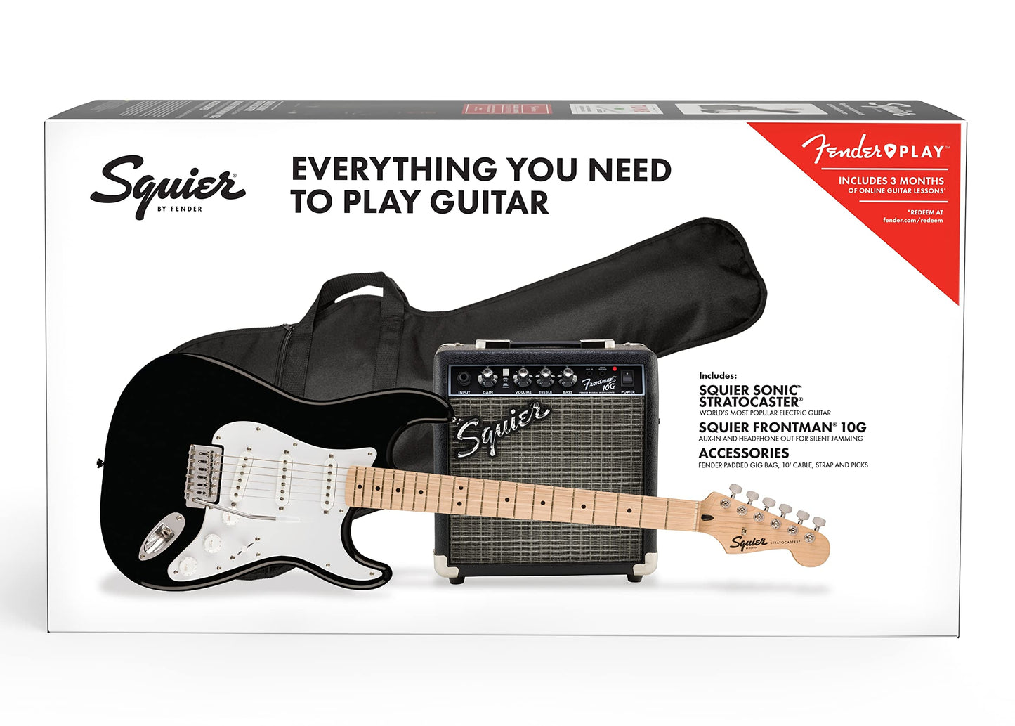 Squier by Fender Sonic Stratocaster Electric Guitar Pack, Maple Fingerboard in Black, Gig Bag, Squier Frontman 10W Amp, Picks, Strap, Cable, Comes with Free Virtual Lessons