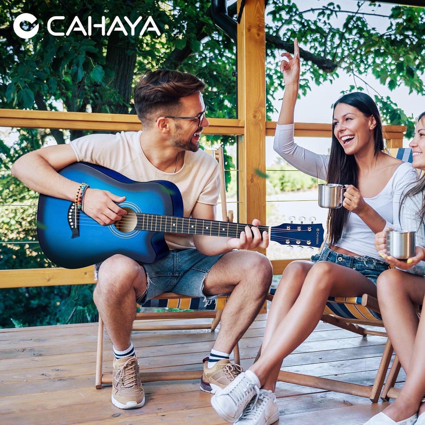 CAHAYA Full Size Acoustic Guitar 38 Inch Kit with Spare Strings, Bag, Strap, Picks, Capo, Stickers Blue, Model CY0354