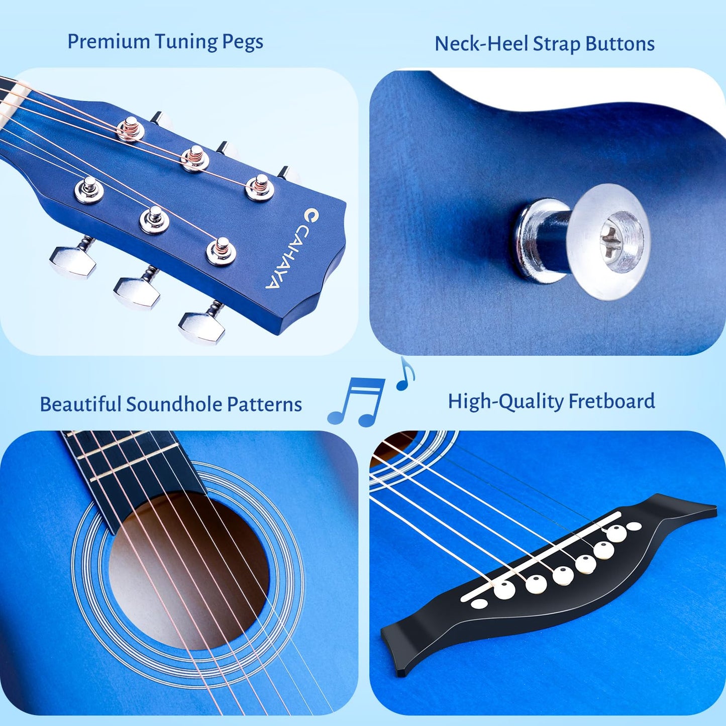 CAHAYA Full Size Acoustic Guitar 38 Inch Kit with Spare Strings, Bag, Strap, Picks, Capo, Stickers Blue, Model CY0354