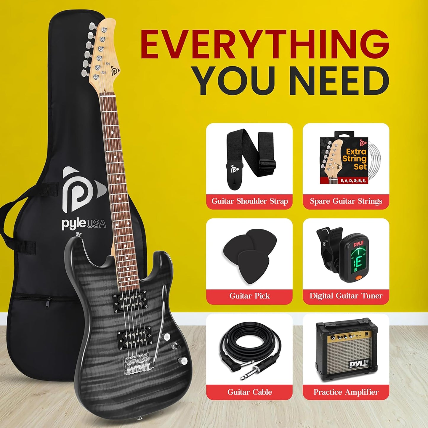 Pyle Electric Guitar, Complete- Electric Guitar Set, Full Size Guitar, 39"/99cm-Electric Guitar with Amp, Guitar Kit- for Beginners, w/Humbucker Picks, 10WAmplifier,Tuner,Strap,Extra Strings, Black