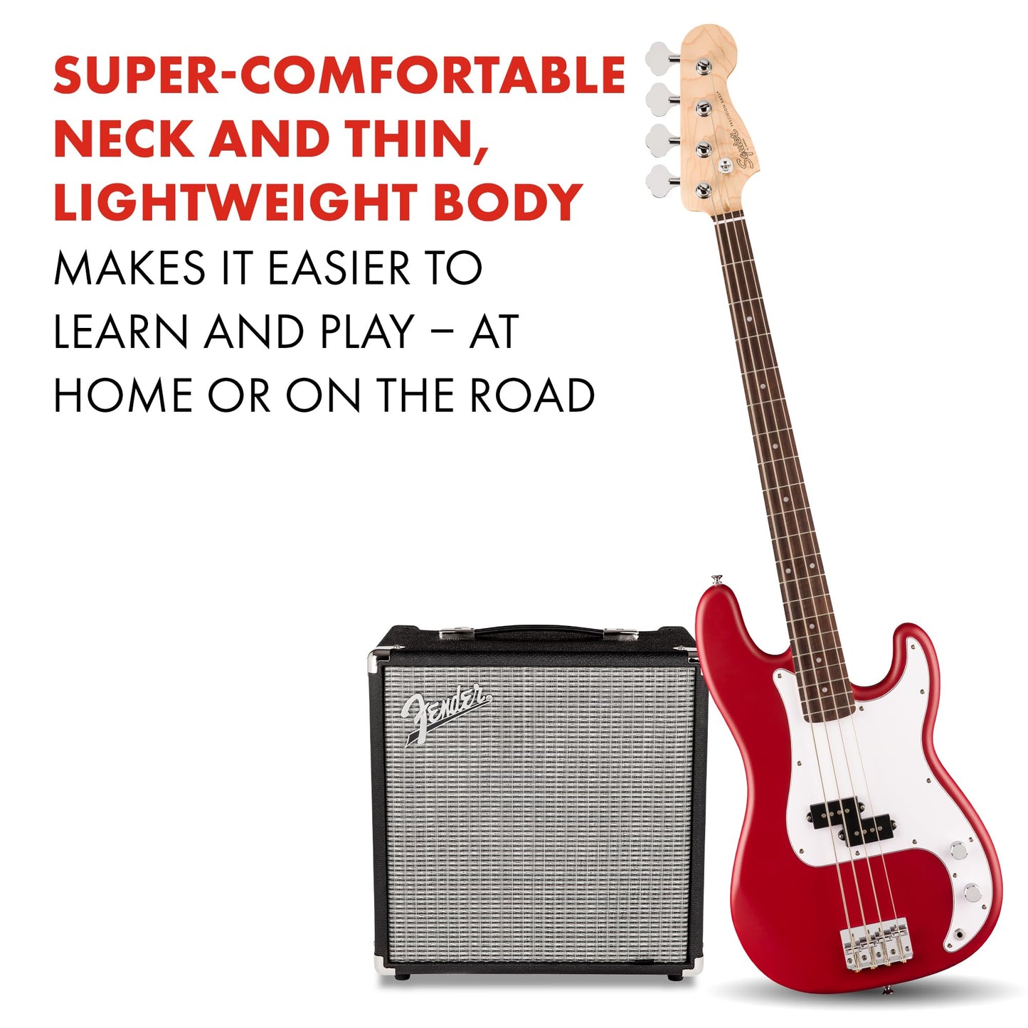 Squier by Fender Debut Collection Precision Bass Guitar, Laurel Fingerboard, White Pickguard, Dakota Red