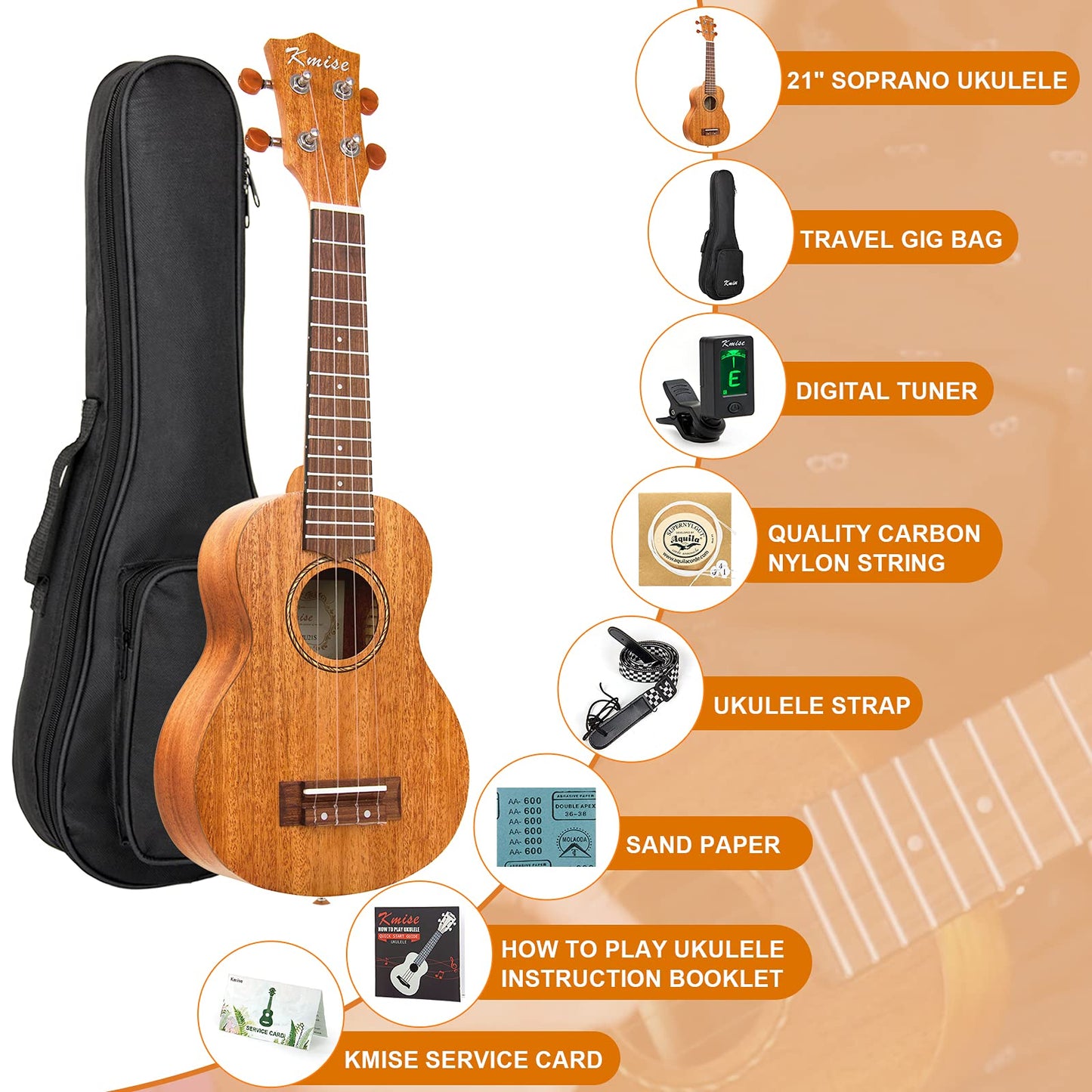 Kmise Soprano Ukulele Starter Kit 21 inch Mahogany Ukelele for Beginners with Gig Bag Tuner Strap String Instruction Booklet