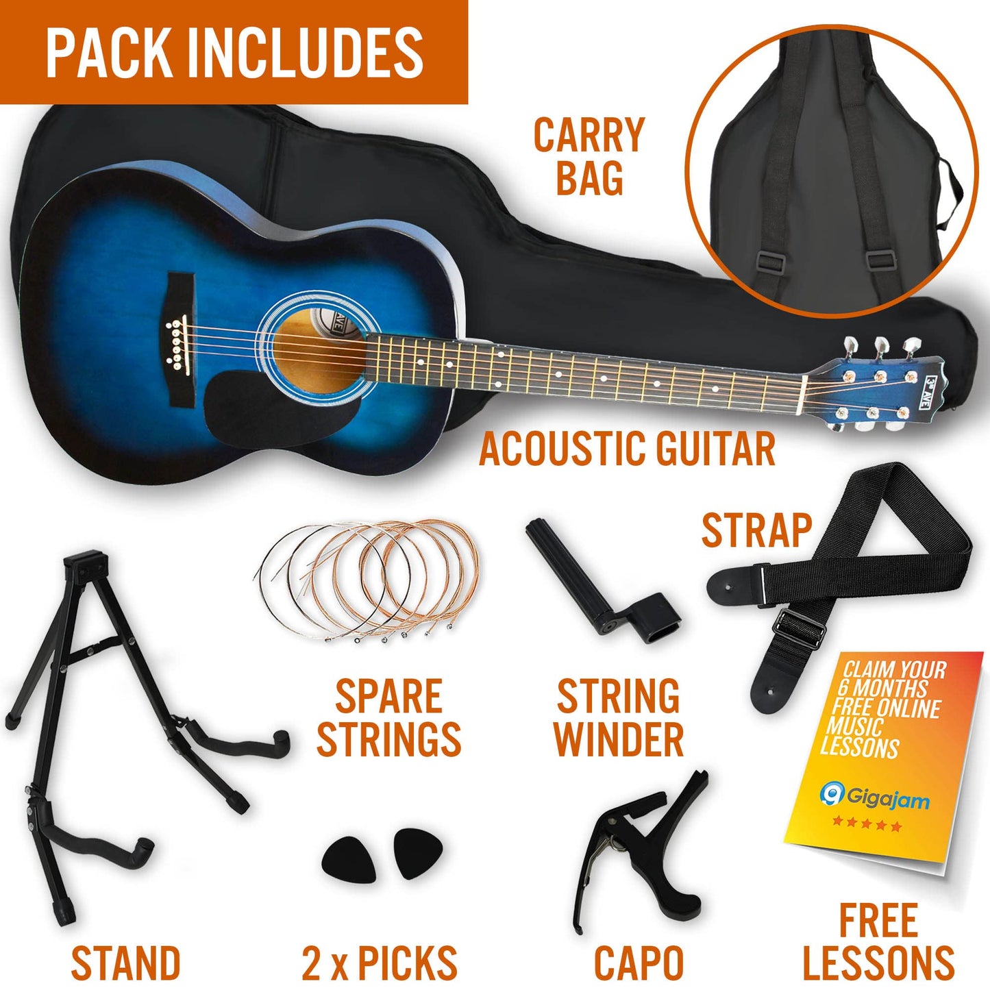 3rd Avenue Full Size 4/4 Acoustic Guitar Pack for Beginners - 6 Months FREE Lessons, Gig Bag, Picks, Spare Strings, Stand, Strap, Capo - Blue