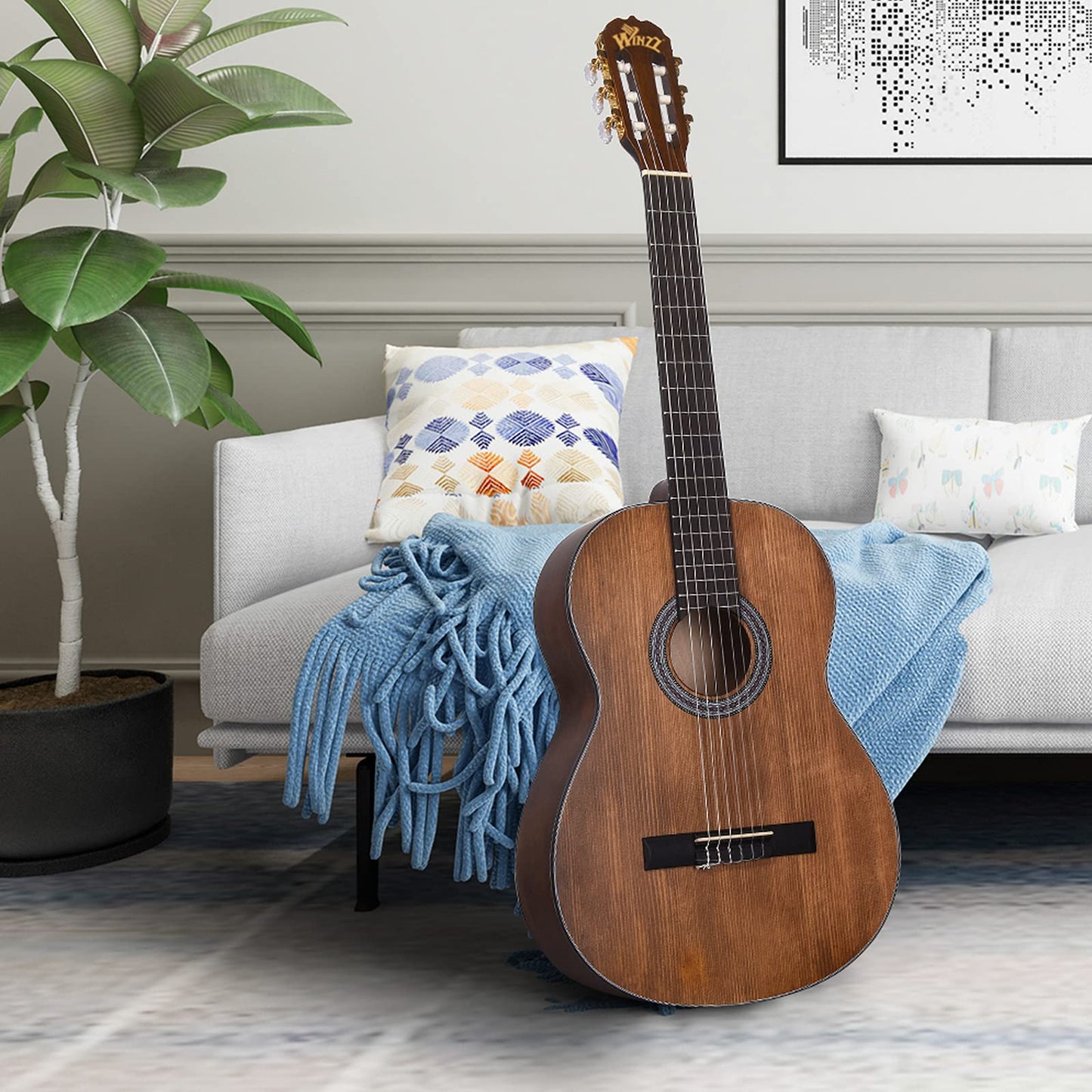 Winzz 4/4 Full Size Classical Spanish Guitar for Adults Beginners with Complete Accessories (39 Inches, Matte Brown)