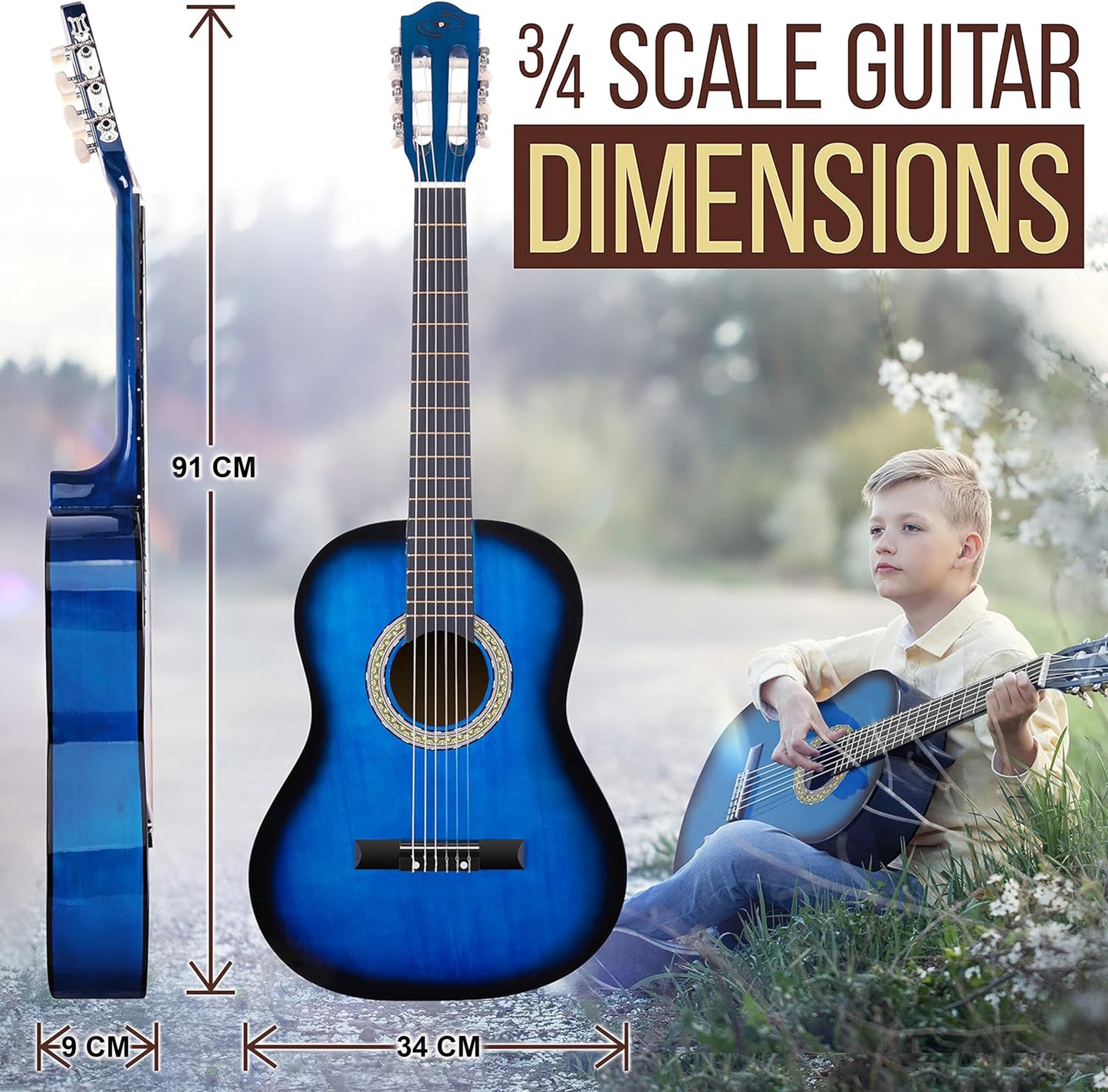 Pyle 3/4 Acoustic Guitar, Classical Guitars, Junior Guitar-Size 91cm/36" Beginner Guitar Kit, for Kids & Adults w/Short Fingers, Accessories, Gig Bag, Strap, Right-Handed, Blue