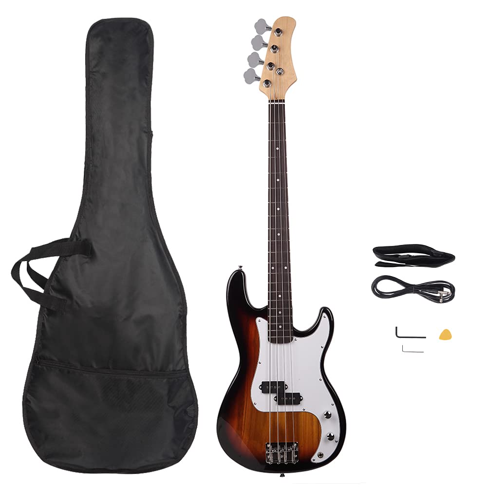 Bonnlo Electric Bass Guitar 4 Strings Full Size for Beginner Exquisite Basswood Burning Bass with Bag, Strap and Accessories (Sunset)