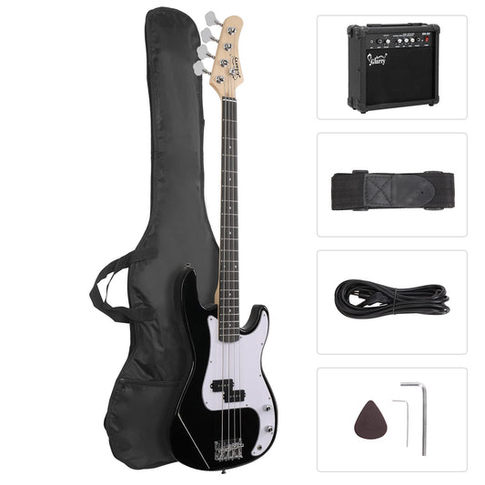 Bonnlo Electric Bass Guitar Kit for Beginners, Full Size 4/4 Bass with 20W amplifier and Bag, Cable, Strap, Stand，Strings, Maple Body, Ideal Starter Set for New Musicians Learner, Black