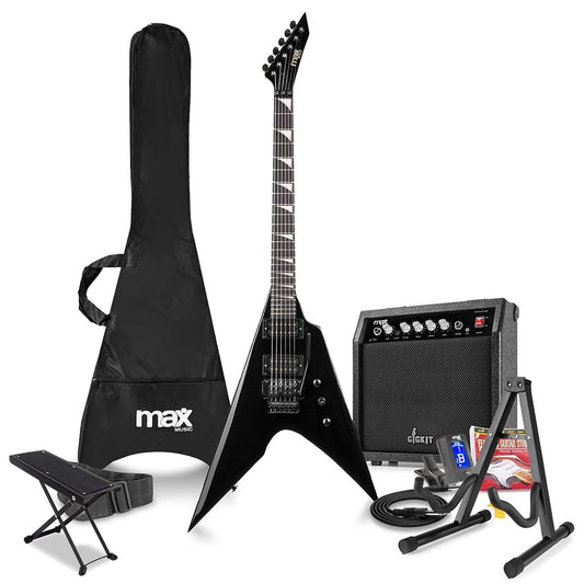 Max GigKit Beiginner Electric V Guitar Package with Amplifier, Stand, Footrest, Tuner, Strap, Bag & Strings Set - Black