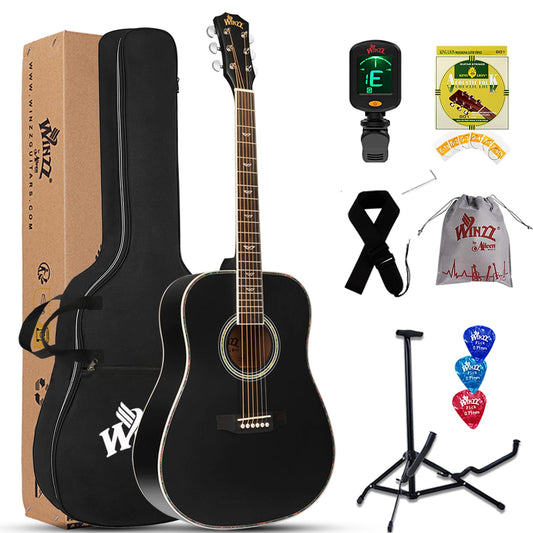 Winzz Acoustic Guitars Full Size, 4/4 Folk Guitar for Beginners Adults, Acoustic Steel-string Guitar Black (41 Inches）