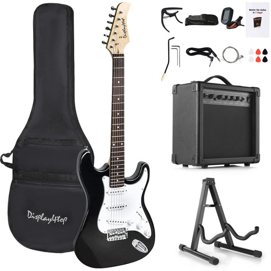Display4top Full-Size Electric Guitar Most complete Beginner Super Kit Package with 20 Watt Amplifier, Guitar Stand, Bag, Guitar Pick, Strap,spare Strings, Tuner, Case and Cable (BlackWhite)