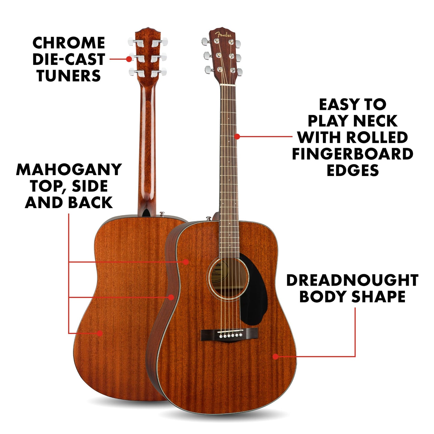 Fender CD-60S Dreadnought, Walnut Fingerboard, All-Mahogany, Natural, Full Size, 970110022, Comes with Free Virtual Lessons